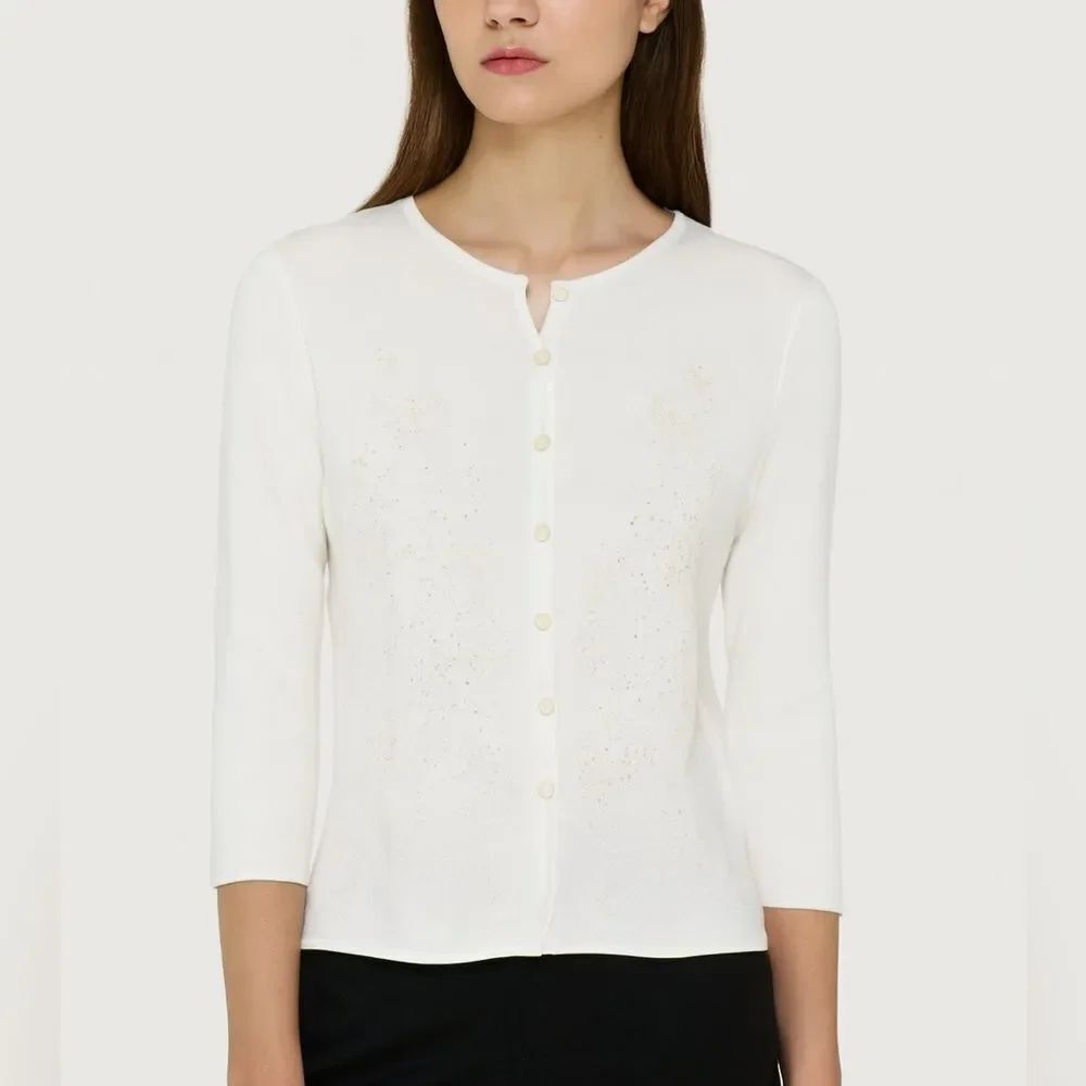 Escada White Knit Cardigan Rhinestone Floral Detail Button Front Luxury Size S